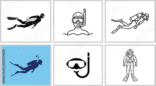 Quadro su tela Scuba Diving Icon Collection with Underwater Diver Symbols and Marine Adventure