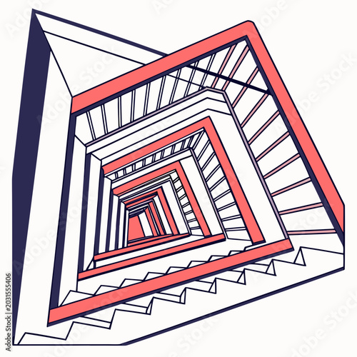 Abstract triangular spiral staircase looking down, geometric perspective