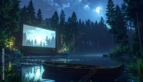 Boat resting on tranquil lake reflecting a large outdoor movie screen under starry night sky in cinematic forest setting