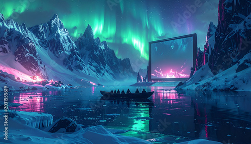 Boat sailing on a tranquil lake surrounded by snow-capped mountains and a vibrant aurora borealis in a surreal Arctic landscape