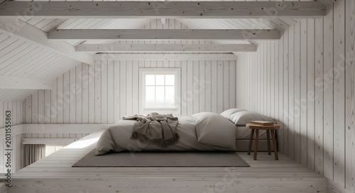 Bright minimal bedroom interior with white wood paneling natural light window and a cozy bed with blanket in a Scandinavian style attic space
