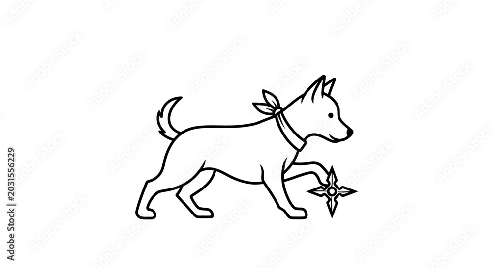 Fototapeta premium Cute Dog with Bandana and Star Icon, Line Art, Vector Illustration