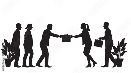 People Handing Over Object Silhouette Vector | Black White Teamwork Business Transfer Concept Illustration