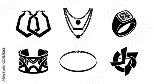 Foto Elegant Jewelry Icons Set, Fashion Accessories Vector Graphics, Precious Metal E
