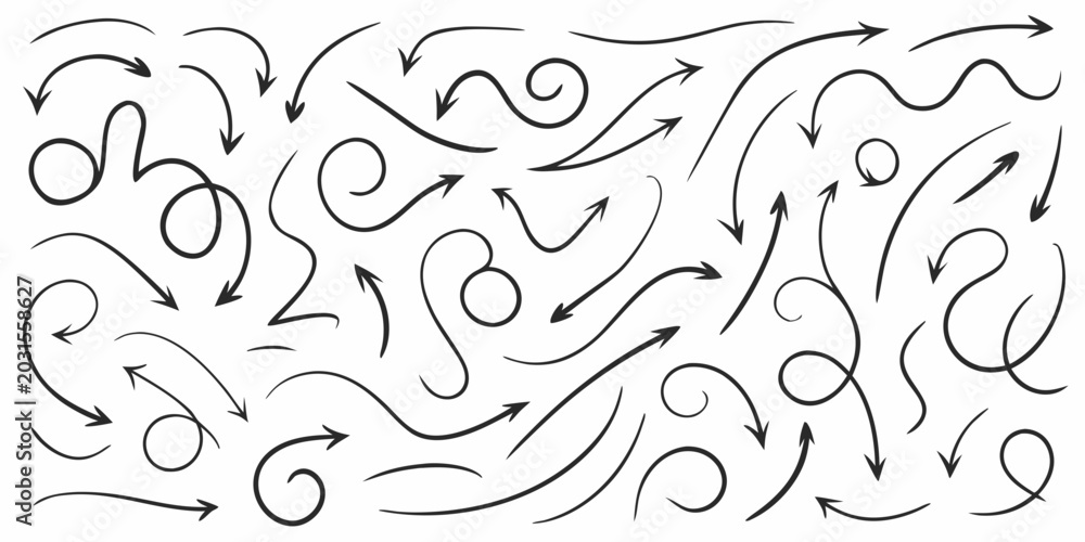 Fototapeta premium collection of hand drawn black ink arrows swirling and direct on a white background