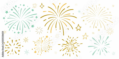 Foto watercolor style fireworks in teal and gold with scattered stars on a white back