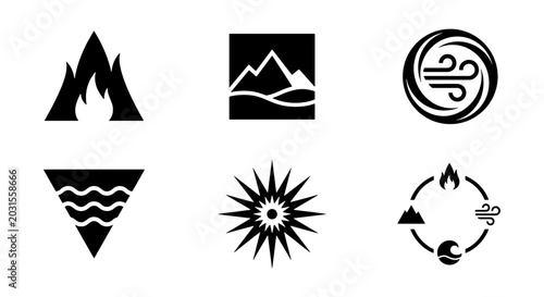 Foto Elemental Symbols Vector Icons: Fire, Water, Earth, Air, Sun, Cycle