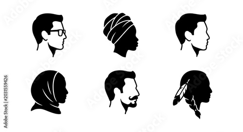 Photos Diverse People Silhouettes, Multicultural Faces Collection, Head Profiles Set