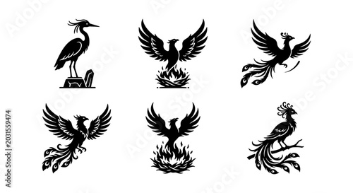 Tableau sur toile Mythical Phoenix Bird Vector Icons, Majestic Heron, Fire Symbol, Black Silhouett
