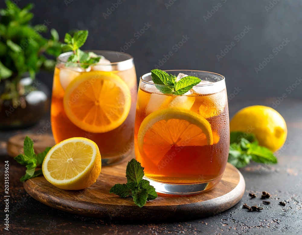 Fototapeta premium Refreshing Iced Tea with Lemon Slices and Mint Leaves on Rustic Wooden Table