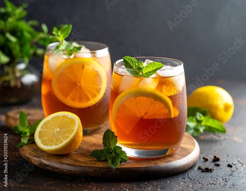 Refreshing Iced Tea with Lemon Slices and Mint Leaves on Rustic Wooden Table