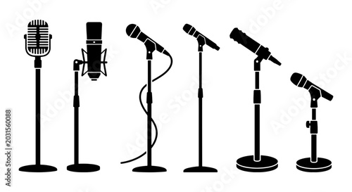Vintage microphone silhouette set, 6 professional mic icons on stands