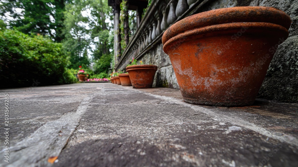 Fototapeta premium Row of weathered terracotta planters lines a stone pathway next to a balustrade in a lush garden setting.