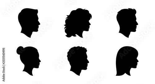 Profile head silhouettes, 6 human face icons, male and female avatar set