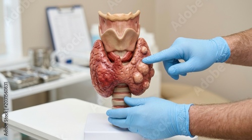 Doctor points to model of thyroid gland with nodules and goiter
