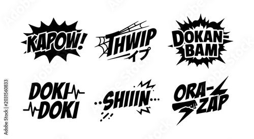 Comic sound effects vector set, manga onomatopoeia icons, black and white