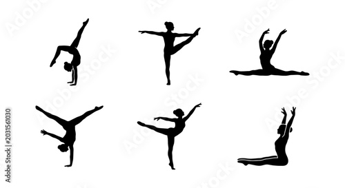 Gymnastics silhouette set, rhythmic gymnast poses, 6 athlete vector icons