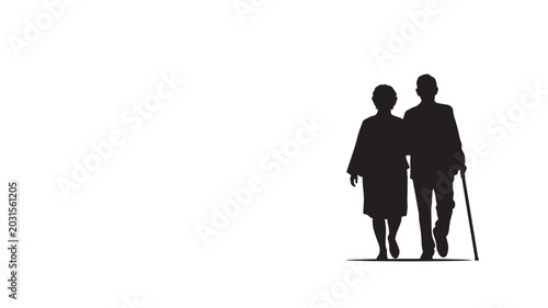 Elderly Couple Walking Silhouette Vector | Black White Retirement Love Senior Together Concept Illustration