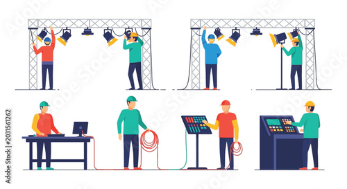 Cuadro en lienzo Stage crew working with lighting and sound equipment vector illustration