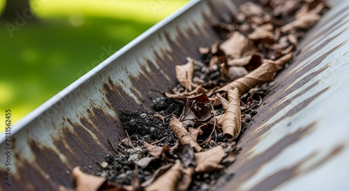 Clogged Gutter Filled with Dry Leaves and Debris.
