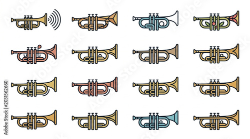 Fotografía Collection of Trumpets Musical Instruments Vector Illustration.
