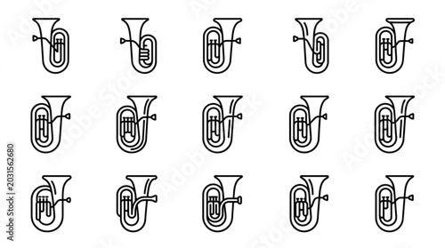 Collection of Tuba Musical Instrument Line Art Icons.