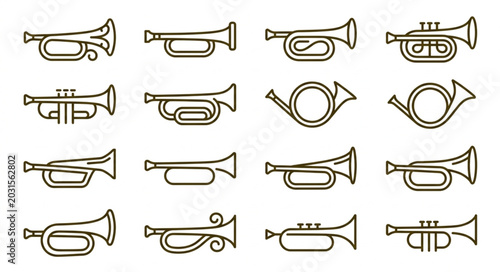 Collection of various brass wind musical instruments.