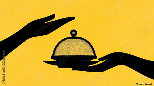 Two hand silhouettes on yellow backdrop, lifting a silver food cloche, elegant minimal hospitality scene.