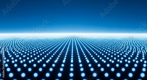 Abstract Digital Grid of Glowing Blue Spheres Extending to Horizon.