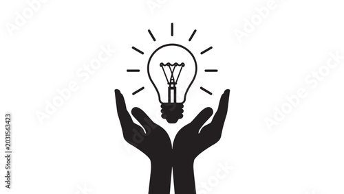 Hands Holding Light Bulb Silhouette Vector | Black White Innovation Creativity Idea Concept Illustration