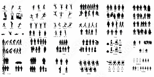 collection of black human silhouettes depicting various poses and group arrangements on white background
