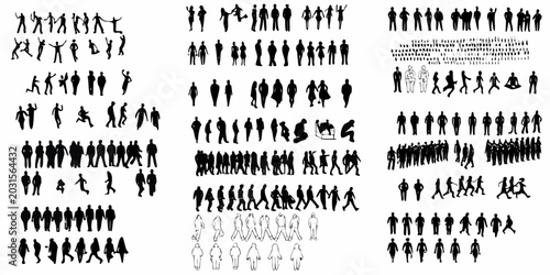 collection of black human silhouettes in various poses on a white background