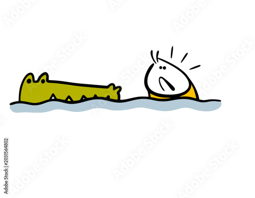 Cartoon unpleasant encounter in the river. Vector illustration of a man swimming, looking in fright at the muzzle of a green crocodile. An aquatic predator and a human prey.