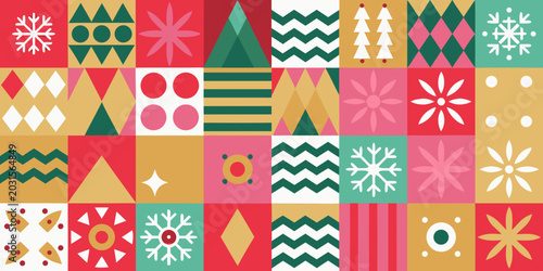 festive christmas pattern with geometric shapes and stylized winter motifs colorful background