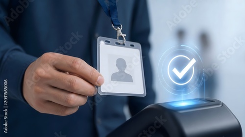 Access control, security and ID card with scanner for office authentication, verification and safety. Professional worker, identification and badge with scan, technology and corporate entry system at