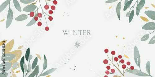 watercolor winter floral arrangement with berries and leaves on a white background