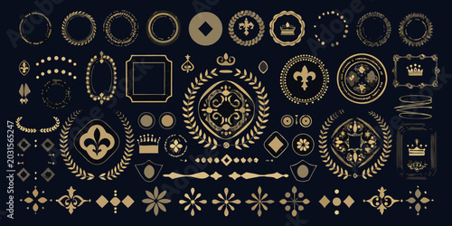 Collection of ornate gold emblems crowns shields and laurel wreaths on a dark background