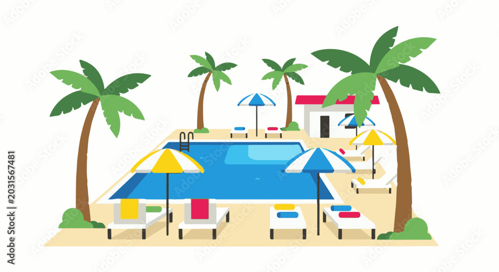 Obraz premium A tropical poolside scene with palm trees, lounge chairs, umbrellas, and a building