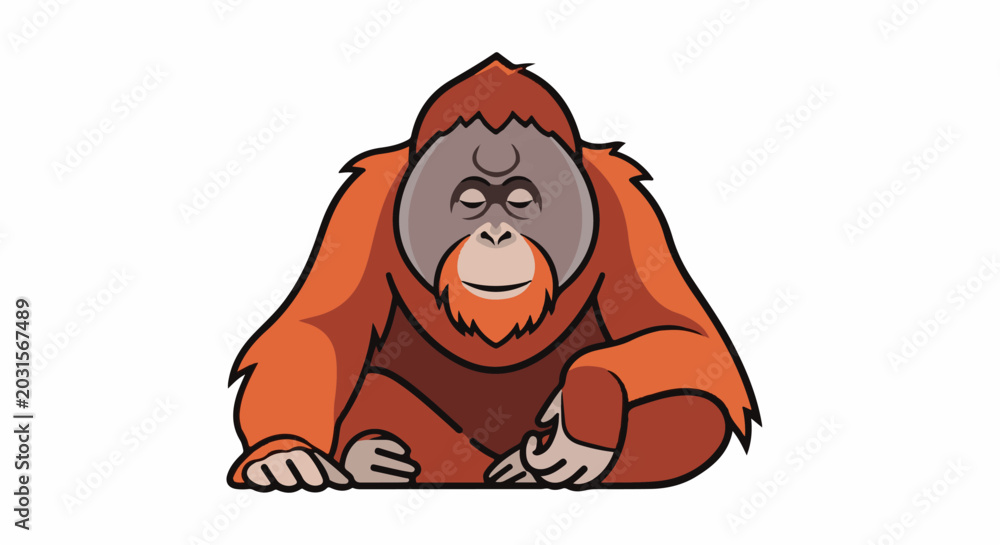 © kelincihitam - A stylized orangutan with closed eyes sits calmly, its orange fur detailed