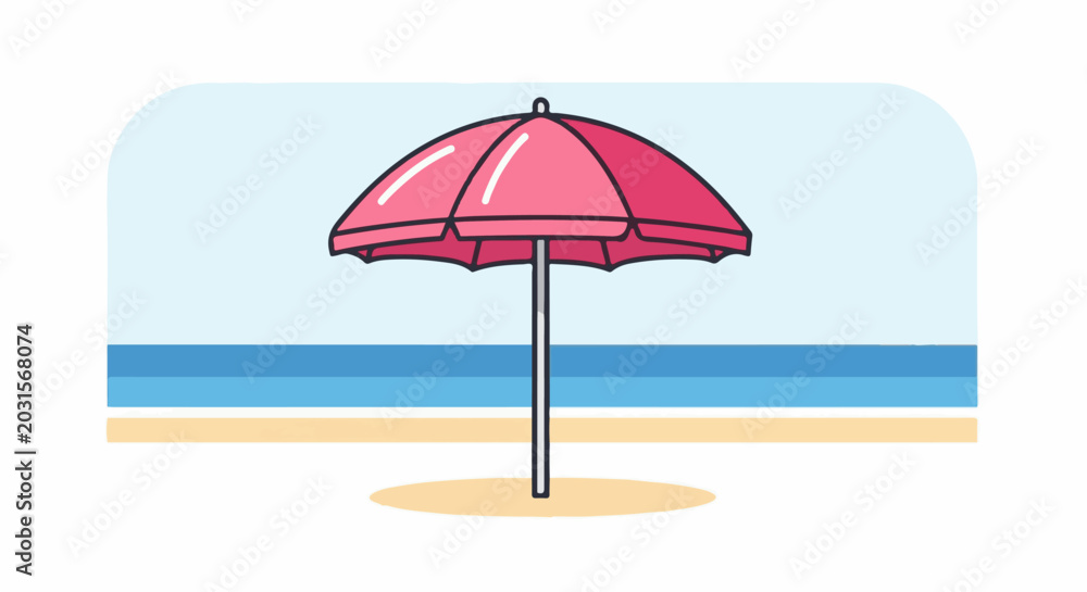 Fototapeta premium A vibrant pink beach umbrella stands tall on a sandy shore beside blue ocean waves