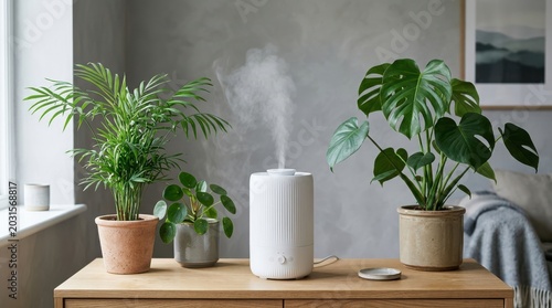 Modern air humidifier releasing mist among green houseplants on a wooden cabinet with humidifier, houseplants