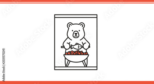 Cute Bear Cooking Fish and Berries in a Wok, Minimalist Line Art