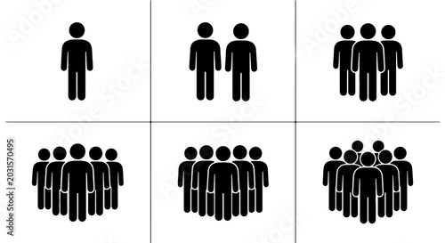 Принти на полотні Crowd Size Icons: Single Person to Large Group, Vector Silhouettes for Social Dy
