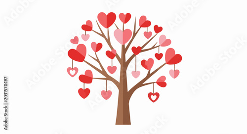 A tree with heart-shaped leaves and ornaments on branches