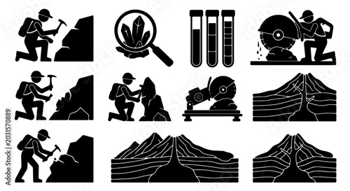Quadro su tela Geology Icons Set: Rock Mining, Crystal Magnification, Volcanic Activity, and Sc