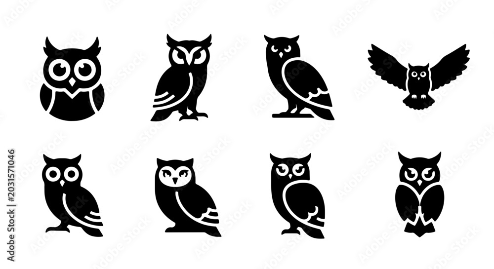 Fototapeta premium Set of 8 Black Owl Icons, Vector Silhouettes for Wildlife and Nature Designs, Minimalist Bird Graphics