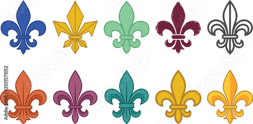 Colorful Fleur de Lis Symbol Collection Flat Vector Set with Multiple Styles and Vibrant Color Variations