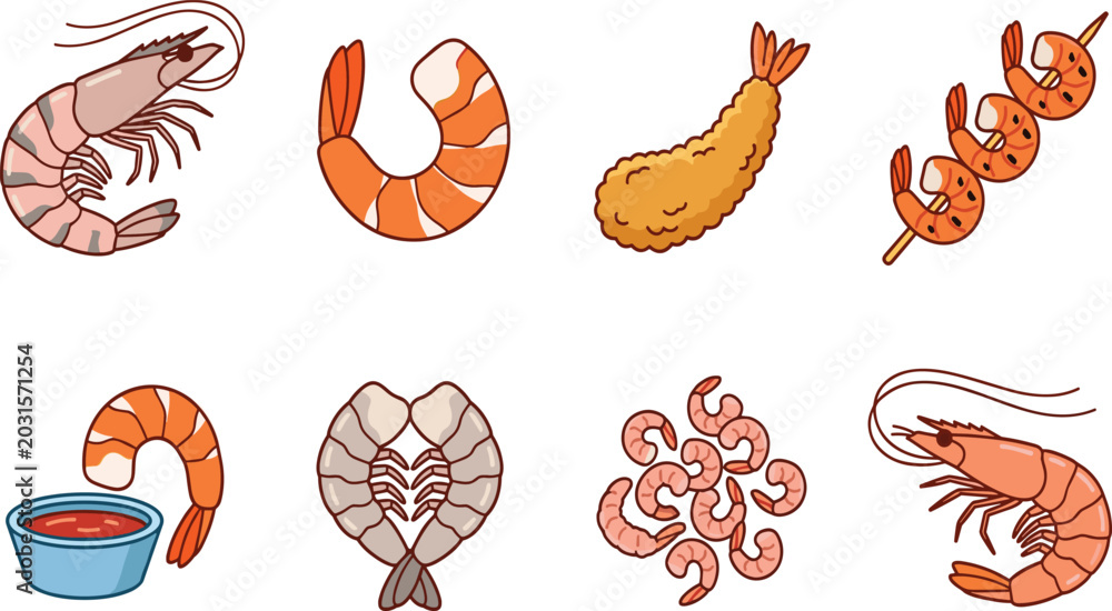 Obraz premium Shrimp and Prawn Seafood Vector Set with Fried Tempura Skewer Cocktail Sauce and Peeled Flat Illustration Collection