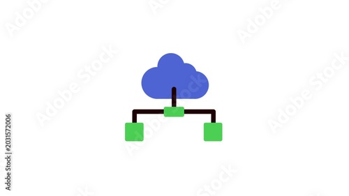 Cloud networking icon connected with multiple nodes representing cloud infrastructure, server systems, internet connectivity, and data distribution. Digital data concept icon animation.