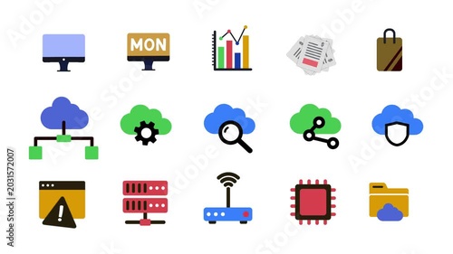 Modern flat technology and business icon set animation. featuring cloud computing, analytic, networking, cyber security, server storage, wireless internet, finance, online documents.